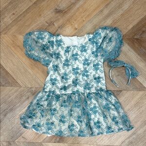 Janie and Jack Cream and Teal Embroidered Dress